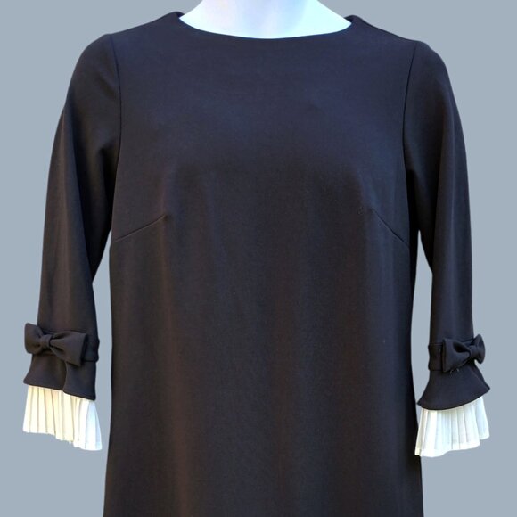 Sharagano Women Black Long Sleeve White Ruffled Pleated Cuffs ZipUp Dress Size 4 - Picture 2 of 13